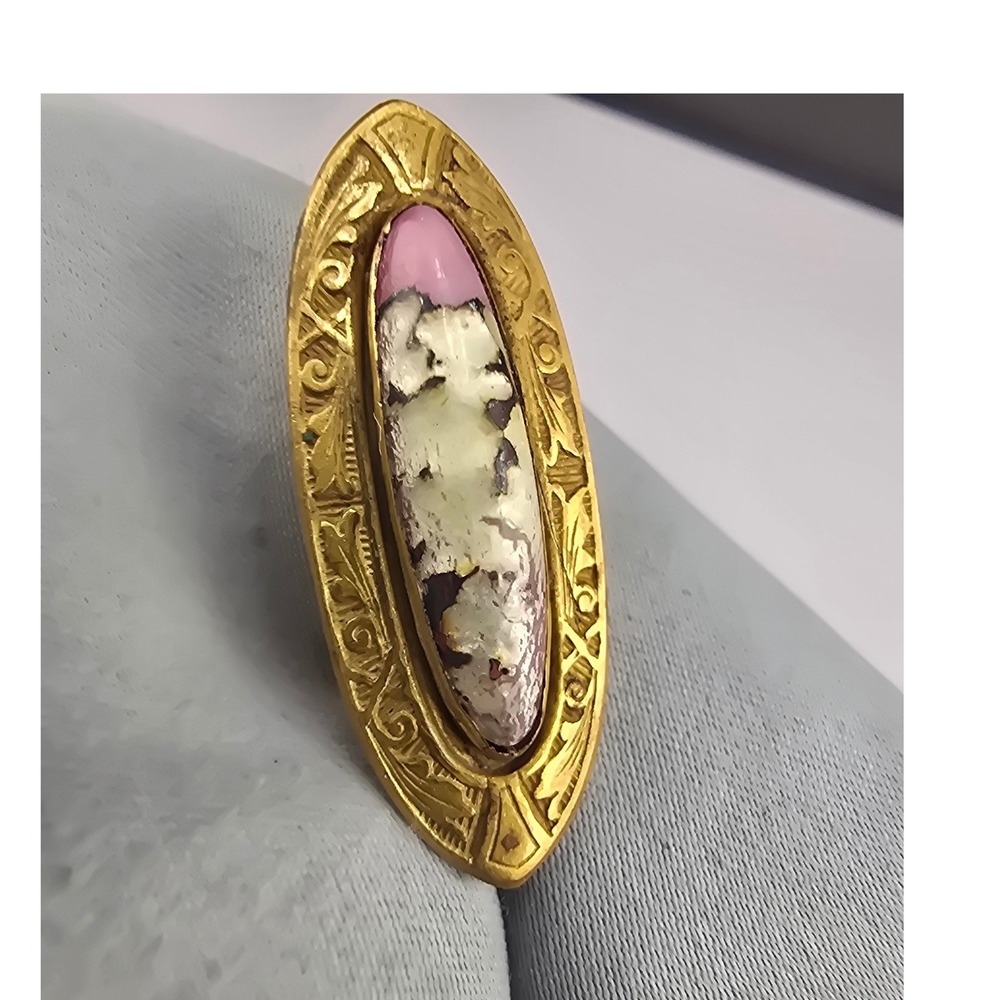 Vintage Estate Stick Pin Gold Tone Oval Pink White